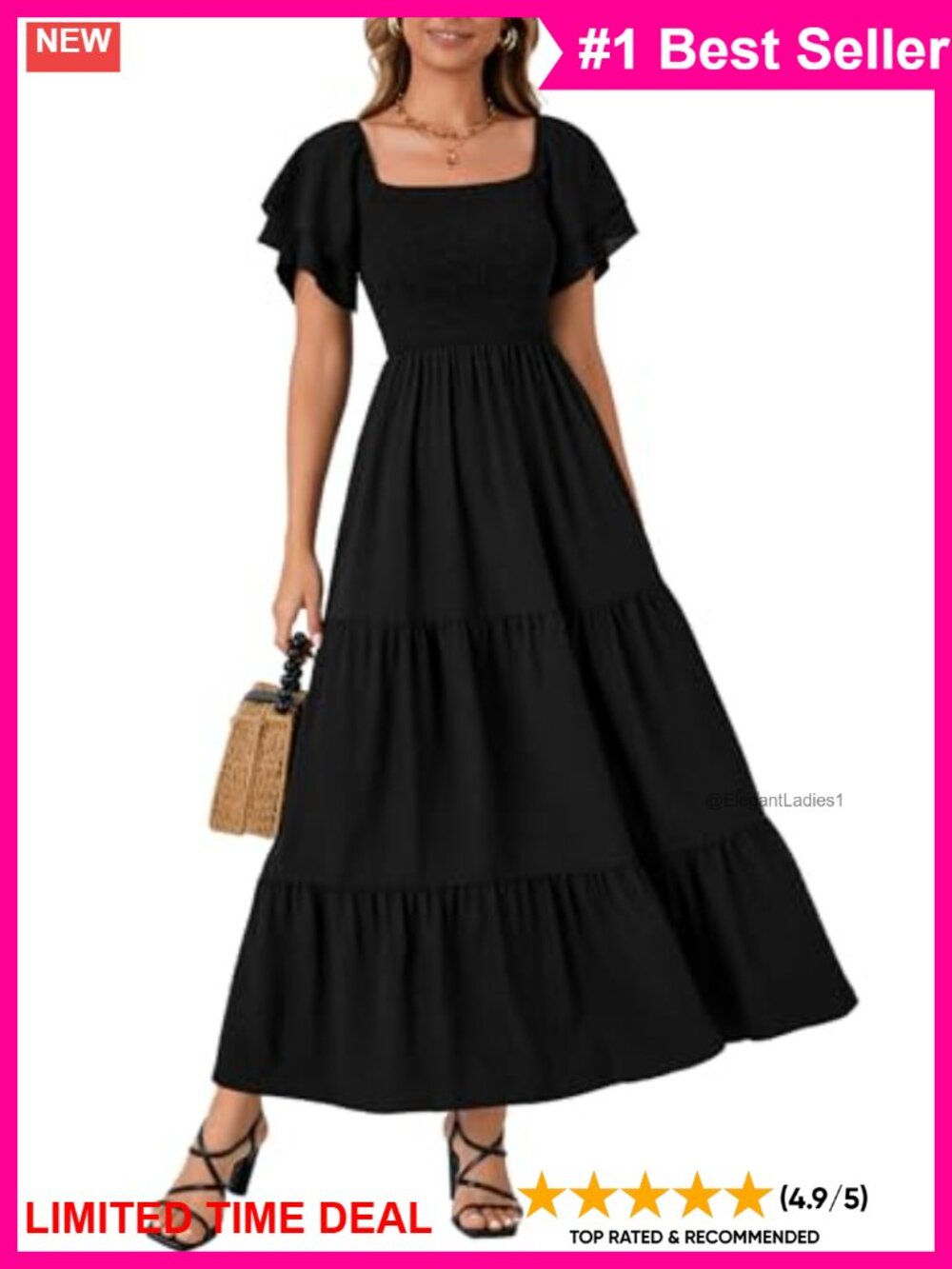 Square Neck Ruffle Sleeve Backless Midi Dress A-Line Casual Summer